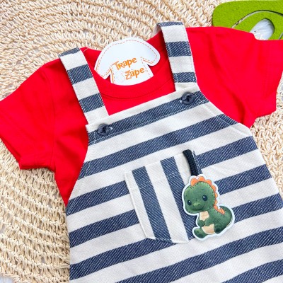 Conj. Camiseta Manga Curta e Jardineira Listrada com Bebê Dino - Vermelho e Marinho